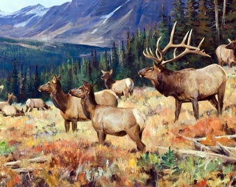 Framed canvas art print giclee or poster. Elk Family deer wildlife nature wilderness. country western impressive quality.