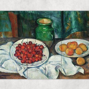 ceramic tile mural art backsplash medallion kitchen. still life with cherries and peaches paul cezanne