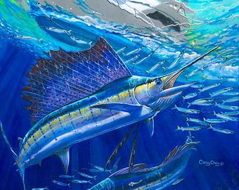 ceramic tile mural backsplash medallion kitchen, floor, pool. wall art. sailfish feeding on ballyhoo, gamefish, billfish sportfish fishing.