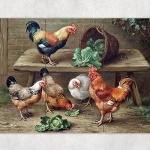 May include: A painting of five chickens in a barnyard setting. There are three roosters and two hens. The roosters are all different colors, one is red, one is brown and white, and one is black and white. The hens are both brown and white. The chickens are standing on a wooden bench with a basket of green cabbage in the background.