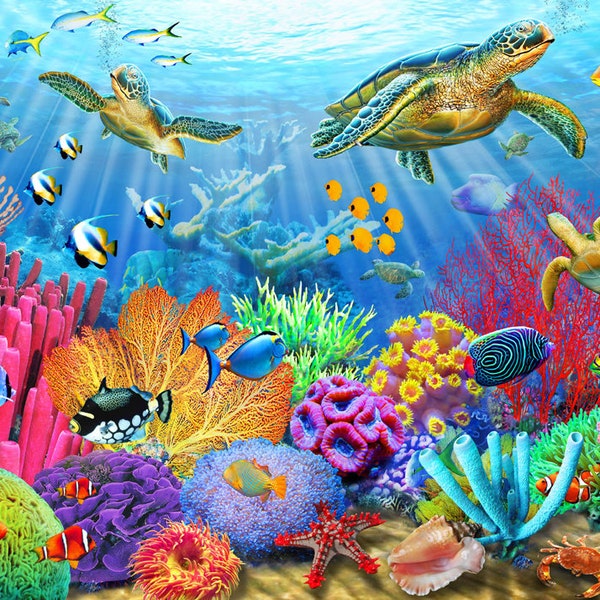 24"X18" sunburst ocean view undersea tropical fish sea turtles coral reef seascape ultra premium photo art print poster 11 Mil Thickness