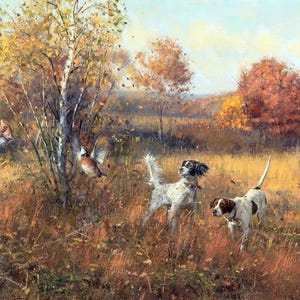 May include: Two white and brown hunting dogs in a field with fall foliage. The dogs are pointing at two brown and white birds in flight.