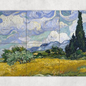 May include: A painting of a landscape with a field of wheat in the foreground, a row of trees in the middle ground, and a blue sky with white clouds in the background. The painting is done in a style reminiscent of Vincent van Gogh.