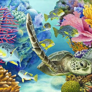 May include: A green sea turtle swims through a vibrant coral reef. The turtle is surrounded by colorful fish, including a yellow and black striped fish, a blue and white fish, and a yellow and black fish. The coral reef is a mix of pink, orange, and yellow coral.