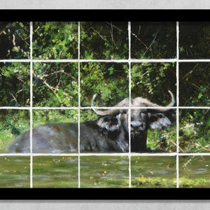 1 piece framed ready to hang mosaic ceramic tile mural kitchen backsplash. cool buffalo. cape, wildlife, jungle.