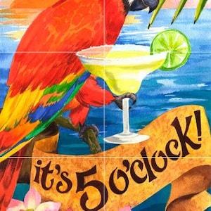 May include: A colorful parrot with red, yellow, blue, and green feathers holds a margarita glass with a lime wedge. A banner reads "it's 5 o'clock!" with a tropical sunset background.