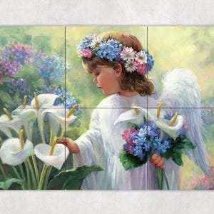 ceramic tile mural art accent backsplash decorative medallion. hydrangea angel in garden.