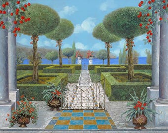 Italian Formal Garden. Giardino Italiano wall art print canvas giclee or poster or pillow.