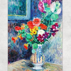 ceramic tile art print mural backsplash medallion kitchen, outdoor. Henri Lebasque Vase De Fleurs Flowers Bouquet