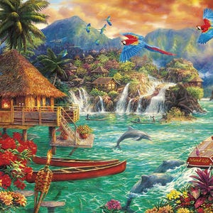 May include: A tropical island scene with a thatched roof hut on stilts over turquoise water. Lush green foliage, waterfalls, and colorful parrots are featured. A red and white boat with the text "Island Life" is in the foreground.