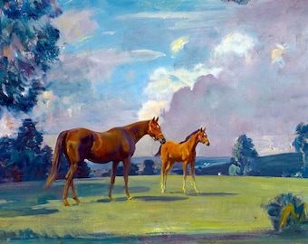 canvas art print giclee or poster. or pillow. mare and foal horse pony. Alfred James Munnings. ready to hang.