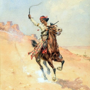 May include: A watercolor painting of a Native American man riding a brown horse. He is wearing a white shirt, a red bandana, and a colorful sash. He is holding a whip in his right hand and is galloping across a sandy desert landscape. The painting is signed "F.M.  Blanchet" in the lower left corner.