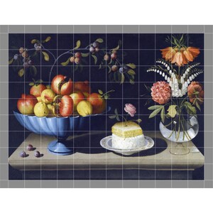 May include: A still life painting featuring a light blue fluted bowl filled with various fruits, a small white plate holding a piece of honeycomb, and a clear glass vase containing orange and white flowers, all set against a dark background.