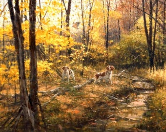 Framed canvas art print giclee or poster. abbett. Brittany Spaniels and Woodcock. hunting. dogs. Autumn. impressive quality. ready to hang.