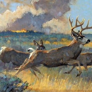May include: A painting of three deer running through a field of tall grass. The deer are brown and white, and the grass is a mix of green and yellow. The sky is a light blue with white clouds.