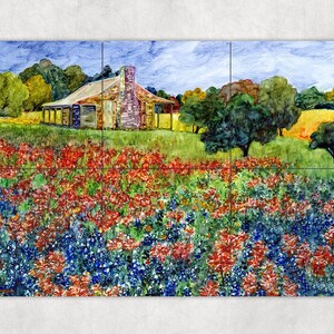 ceramic tile mural art accent backsplash decorative medallion. old Baylor park bluebonnet meadow flower garden