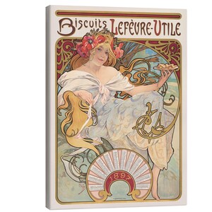 May include: A rectangular canvas print featuring an Art Nouveau illustration titled Biscuits Lefèvre-Utile 1897. It depicts a person with blonde hair adorned with red poppies, wearing a light blue dress, holding a small plate of biscuits.