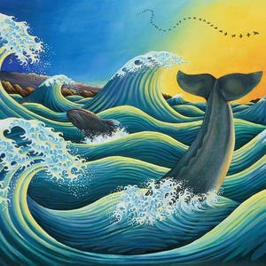 ceramic tile mural backsplash medallion kitchen, pool, floors, wall art. celebration of the whale. ocean waves fish. Japanese style