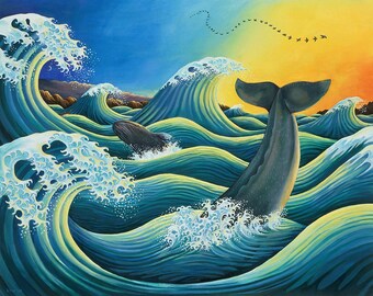 ceramic tile mural backsplash medallion kitchen, pool, floors, wall art. celebration of the whale. ocean waves fish. Japanese style