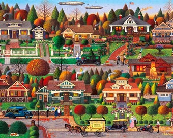 stretched canvas art print giclee or poster. or pillow. Charles Wysocki - Labor Day in Bungalowville. ready to hang