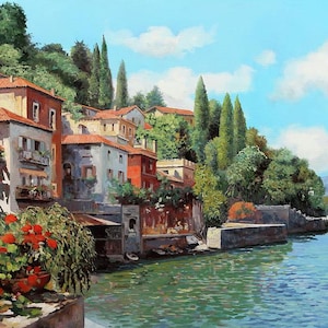 ceramic tile mural art backsplash medallion kitchen. Mediterranean sea view. Lake Como Tuscany Italy countryside.