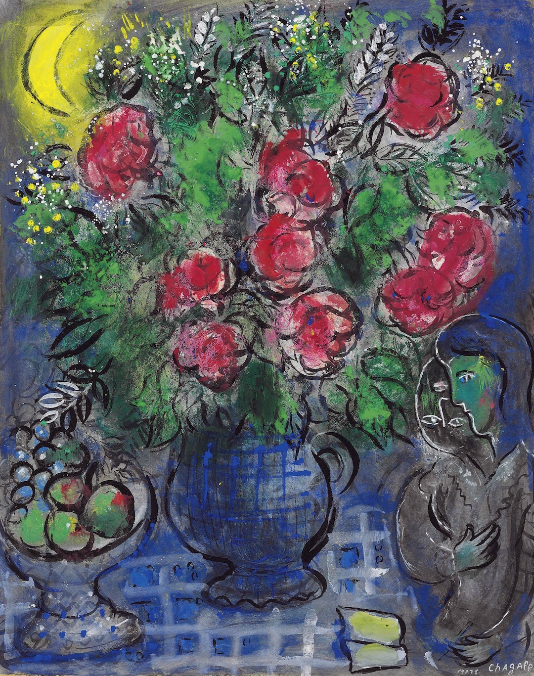 Chagall Roses Marc Chagall Les Roses Et La Lune. Stretched Canvas Art Print or Poster ...