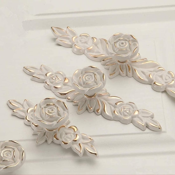 Shabby Chic Dresser Drawer Knobs Pulls Handles Creamy White Gold Rose Flower Kitchen Cabinet Knobs