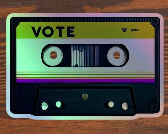 Laptop decal retro 90s cassette holographic vinyl vote election 2024 patriot gift, USA voter for US president working Mom gift sticker decor