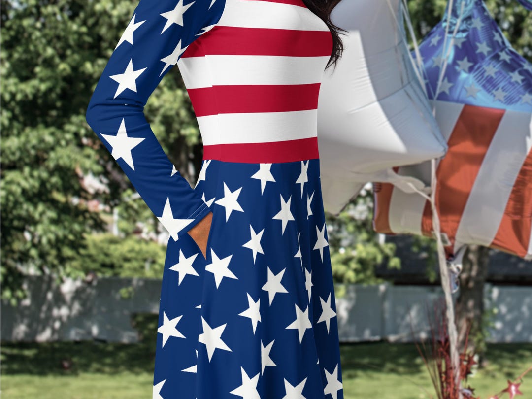 Fourth of July Dress with Pockets, USA Flag American Princess July 4th Outfit, Conservative Woman Red White and Blue Stars & Stripes Frock