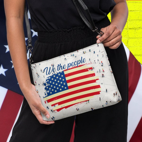 Crossbody with pockets We the People bag patriotic Mom gift, American flag July 4th Faux leather purse, Fourth of July USA flag handbag