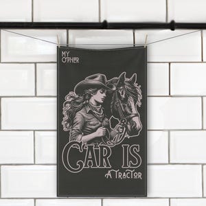 Cowgirl Monochromatic Kitchen Towel, Modern Farmhouse Tea Towel, Cotton Twill Black Horse Riding Homestead Decor, Country Ranch Kitchen Gift