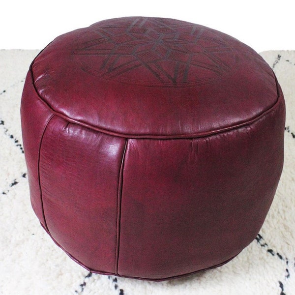 Pouf Fès classique cuir rouge carmin