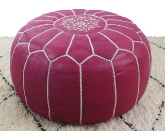 Marrakech pouf in fuchsia embroidered leather