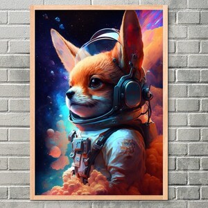 Lindo perro espacial, perro astronauta/zorro que va al espacio, arte digital, impresión digital