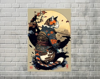 Flower Samurai Cat, in Ukiyo-E Style | Printable Gallery Wall Art | Digital Download