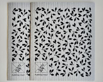 2 Pack Swedish Dishcloth, Black Leaves, Reusable Paper Towel, Zero Waste & Biodegradable, Sustainable Home
