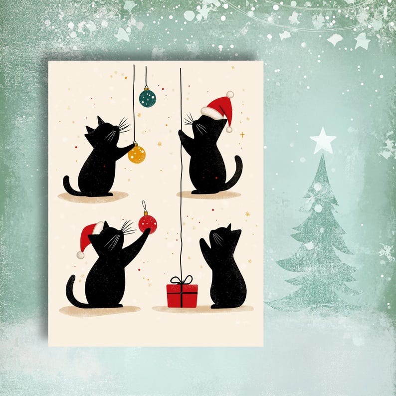 Funny Cat Christmas Card Set I Pack of 7 Cards, Cute Kitty Holiday ...