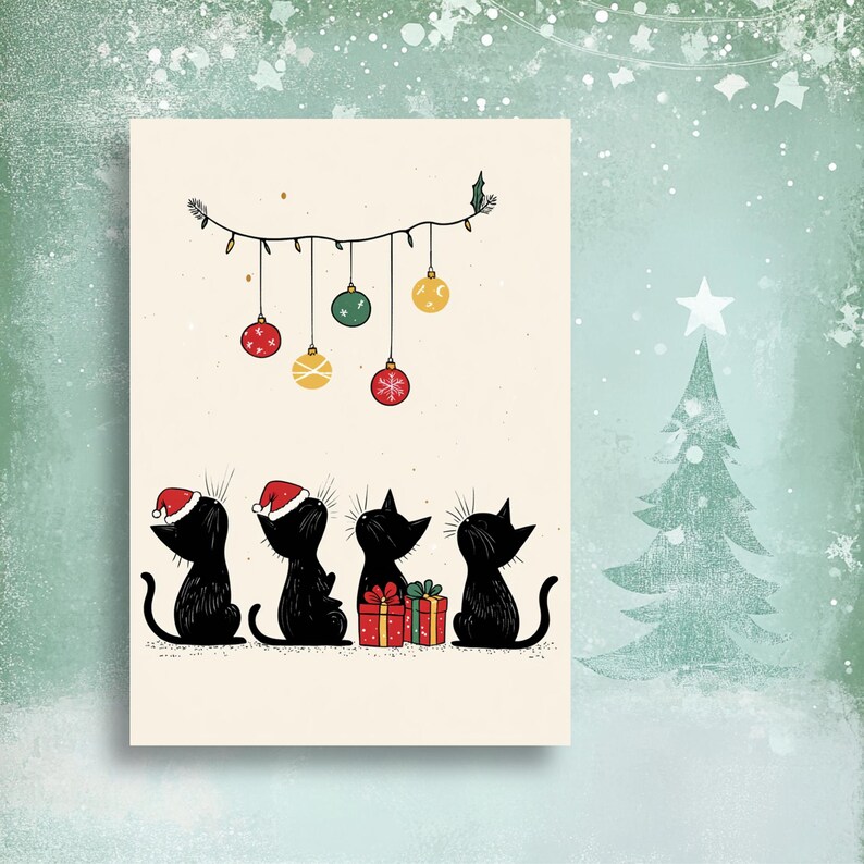 Funny Cat Christmas Card Set I Pack of 7 Cards, Cute Kitty Holiday ...