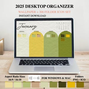 2025 Minimalist Calendar Wallpaper, INS Style Avocado Green Desktop Organizer Wallpaper, Folder Icon Set for Mac & Windows