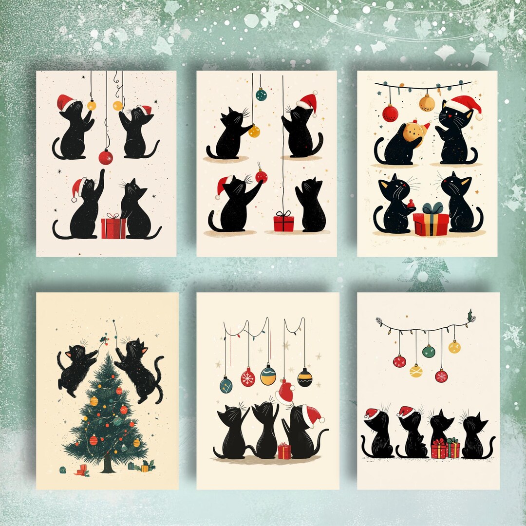 Funny Cat Christmas Card Set I Pack of 7 Cards, Cute Kitty Holiday ...