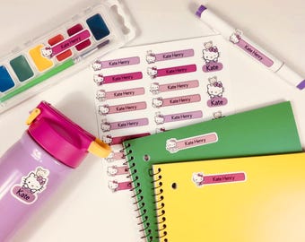 62 Pcs Kitty Waterproof Name Sticker, Daycare Label, School Supply Sticker, Personalized Gift Label, Kids Bottle Label