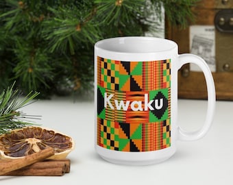 Ghanaian-Inspired Ceramic Mug with Your Born Day Name 'Kwaku' - Personalized African Print Mug – Unique Gift for Birthdays and Celebrations.