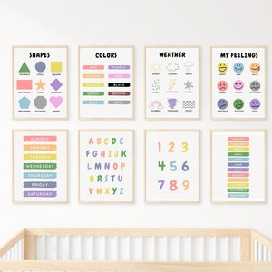Paquete de carteles para niños pequeños (conjunto de 8) / Arte de pared educativo imprimible, decoración de vivero arcoíris, arte de pared para niños pequeños, descarga digital imprimible