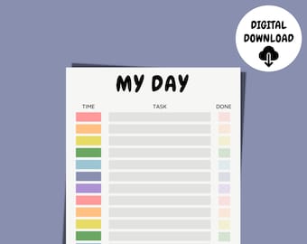 Può includere: Pianificatore giornaliero stampabile con un design colorato. Il pianificatore ha sezioni per l'ora, l'attività e fatto. Il testo "My Day" è in cima al pianificatore.