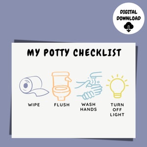 May include: A printable checklist for potty training with illustrations of toilet paper, a toilet, a tap with water, and a light bulb. The text reads "My Potty Checklist" and includes the steps "Wipe, Flush, Wash Hands, Turn Off Light".
