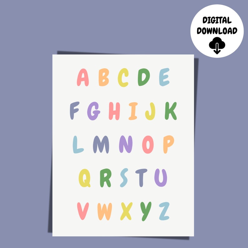 Letters Poster Alphabet Art, Printable Educational Wall Art, Rainbow