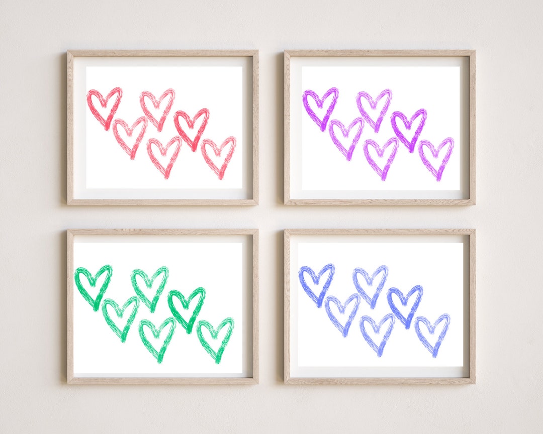 Watercolor Hearts Wall Art Set of 4, Bedroom Wall Art, Hearts Set of
