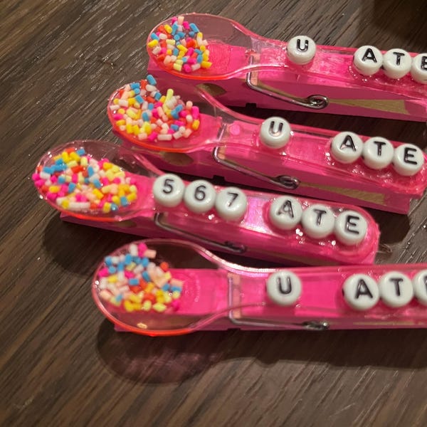 Volleyball Spirit Clothespins (Set of 5) | Hot Pink with Spoon and Faux Crumbs “U ate” and “567 Ate” | Sport Pins