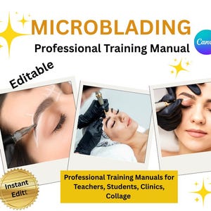 Manuale di formazione professionale per il microblading modificabile/Canva - Domande e risposte per tutor/studenti, fogli di lavoro, piani di lezione, fogli di feedback, sezione insegnanti