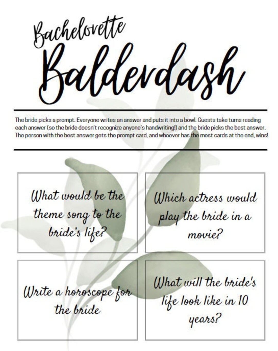 Bachelorette Balderdash Digital Download Plant Theme - Etsy